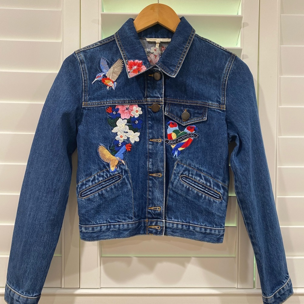 Maje Blue Denim Jacket with Floral Embroidery